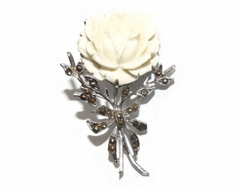 Vintage Silver Tone, Faux Marcasite and Vintage Plastic Rose Brooch.