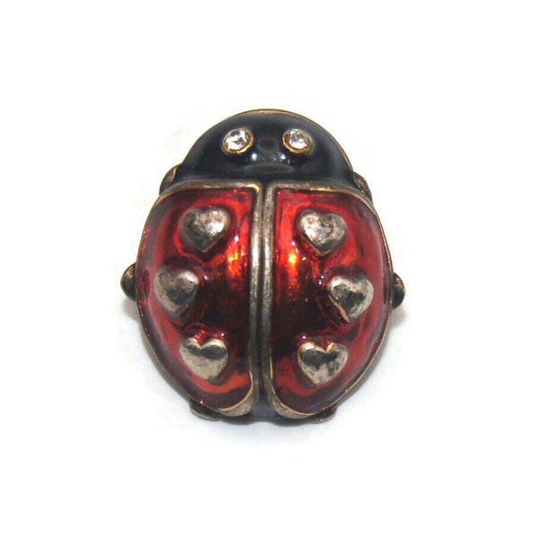 Vintage Nina Ricci for Avon Gold Tone with Red and Black Enamel and Clear Rhinestones Lady Bug Lapel Pin. Avon NR Hallmark.