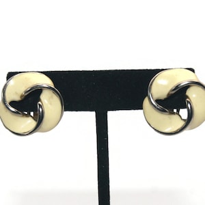 Vintage Gold Tone and Cream Enamel Clip on Earrings.