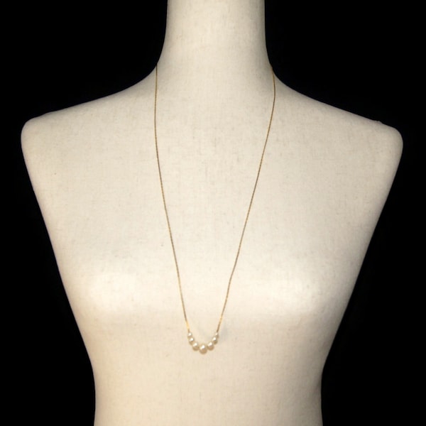 Vintage Gold Tone 30 Inch Necklace with 7 Faux Pearls, Spring Ring Clasp.
