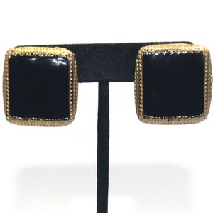 Vintage Gold Tone and Black Enamel Rectangular Clip on Earrings.