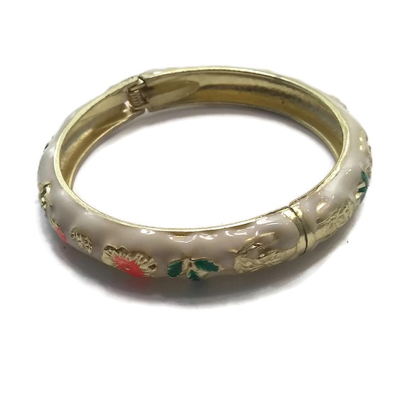 Vintage gold tone enameled floral motif hinged ba… - image 5