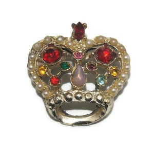 Vintage Gold Tone, Faux Pearls and Multi Color Rhinestones Crown Brooch.