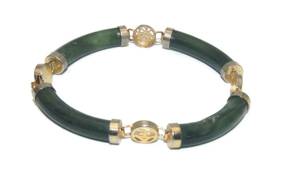 Vintage Gold Tone and Jade 7 Inch Link Bracelet w… - image 2