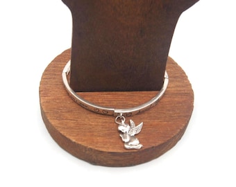 Vintage Silver Tone Guardian Angel Bracelet, Guardian Angel Charm, 6 3/4" Bracelet, Gift for Her, Religious Theme Bracelet.