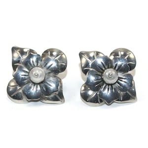 Vintage Sterling Silver and Faux Pearl Flower 2 Piece Stud Earrings with Post Backs for Pierced Ears. Marked Sterling.