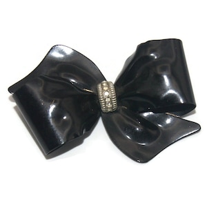 Vintage Silver Tone, Black Enamel and Clear Rhinestones Bow Brooch.