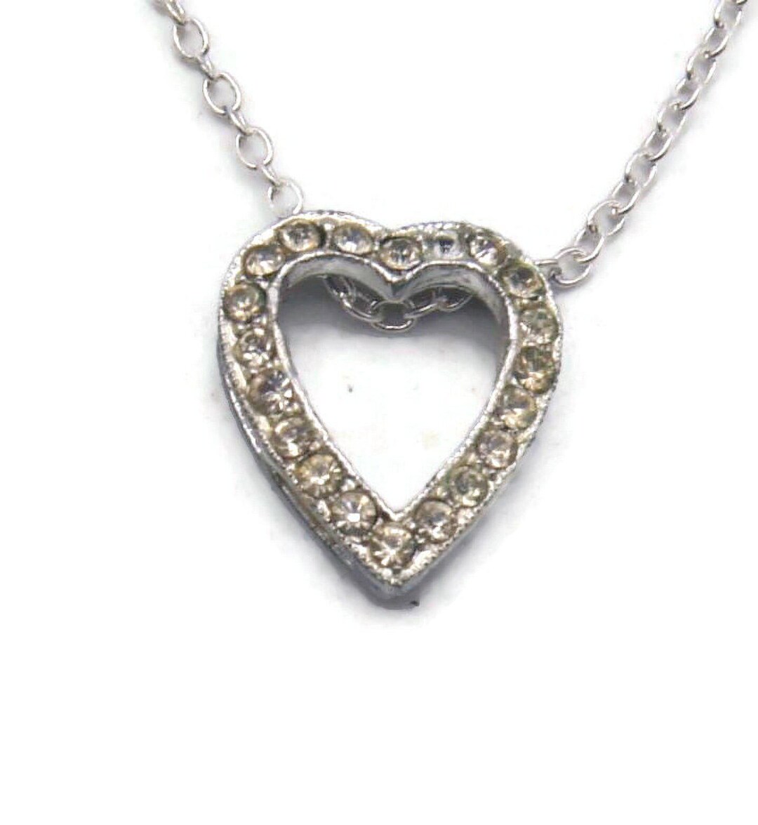 Silver Rhinestone Heart Silver Tone Heart Slide Pendant Necklace, Vintage Silver Tone & Clear ...