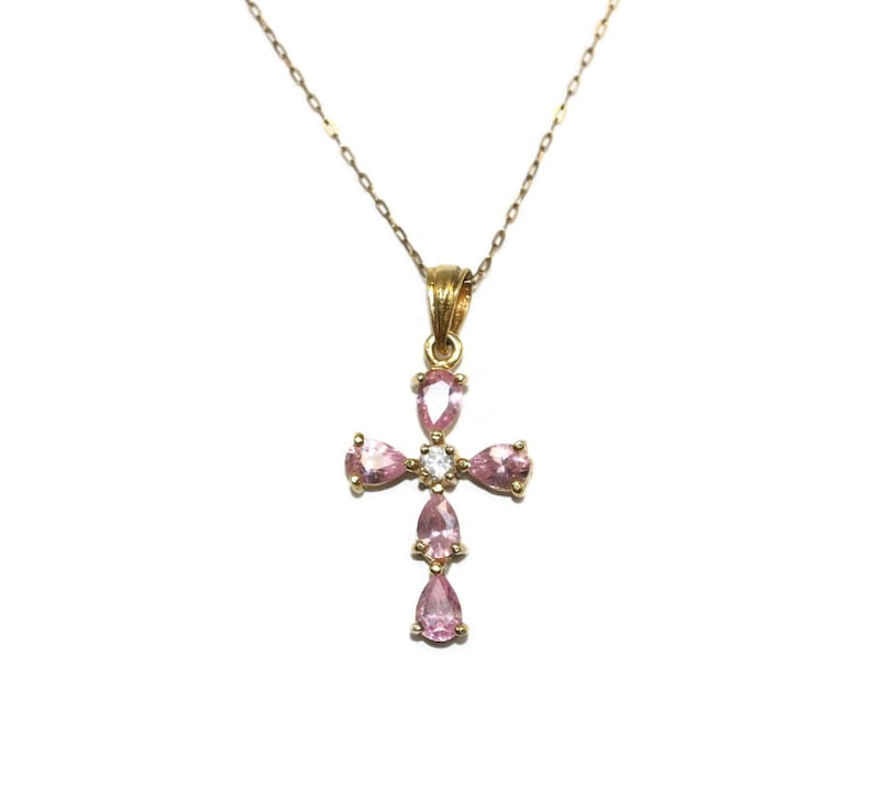 Marked 925. Vintage Gold Plated Sterling Silver and Pink and Clear Topaz Cross Pendant on Fine 18 Inch Rolo Chain