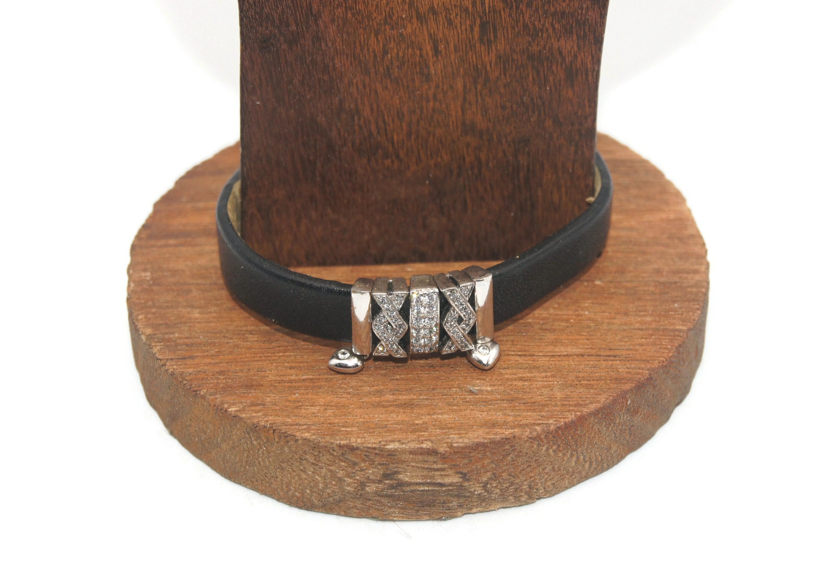Vintage Sterling Silver and Clear Czs Black Leather Buckle