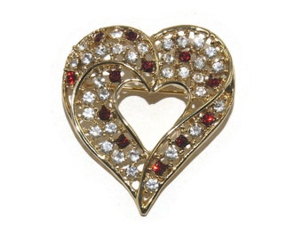 Vintage Gold Tone with Red and Clear Rhinestones Heart Brooch.