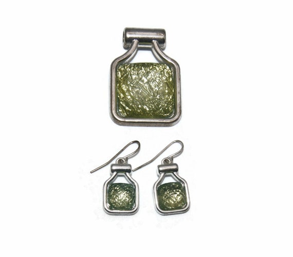 Vintage Silver Tone and Green Tone Resin Pendant … - image 1