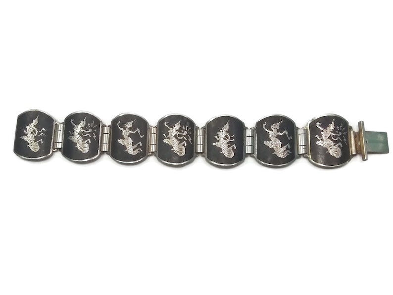 Hallmarked Sterling 925 Made in Siam. Vintage Siam Silver Niello Ware Link Bracelet Depicting Mekkalah Goddess of Lightning on Each Link