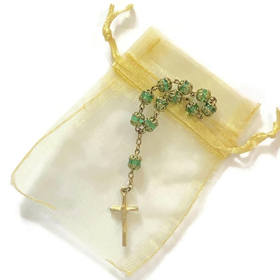 カトリックハンドロザリオビーズ、ヴィンテージゴールドトーンと