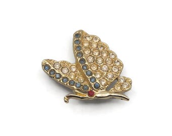 Broche de mariposa, tono dorado vintage, broche de mariposa con diamantes de imitación transparentes, azules y rojos, mediados de siglo, regalo para ella. Uso diario.