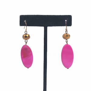 Bold Vintage Gold Tone and Bright Pink Dyed Mother of Pearl Dangle Earrings with Hook Backs for Pierced Ears. Boho Style Dangle Earrings.