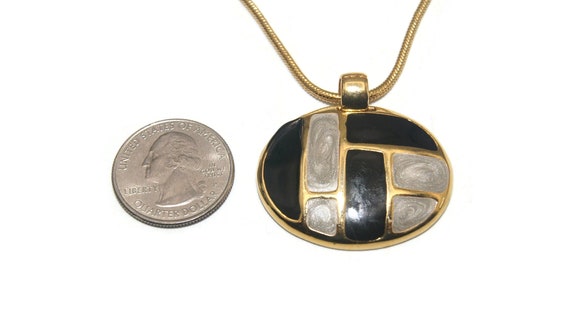 Vintage Gold Tone, Gray and Black Enameled Pendan… - image 7