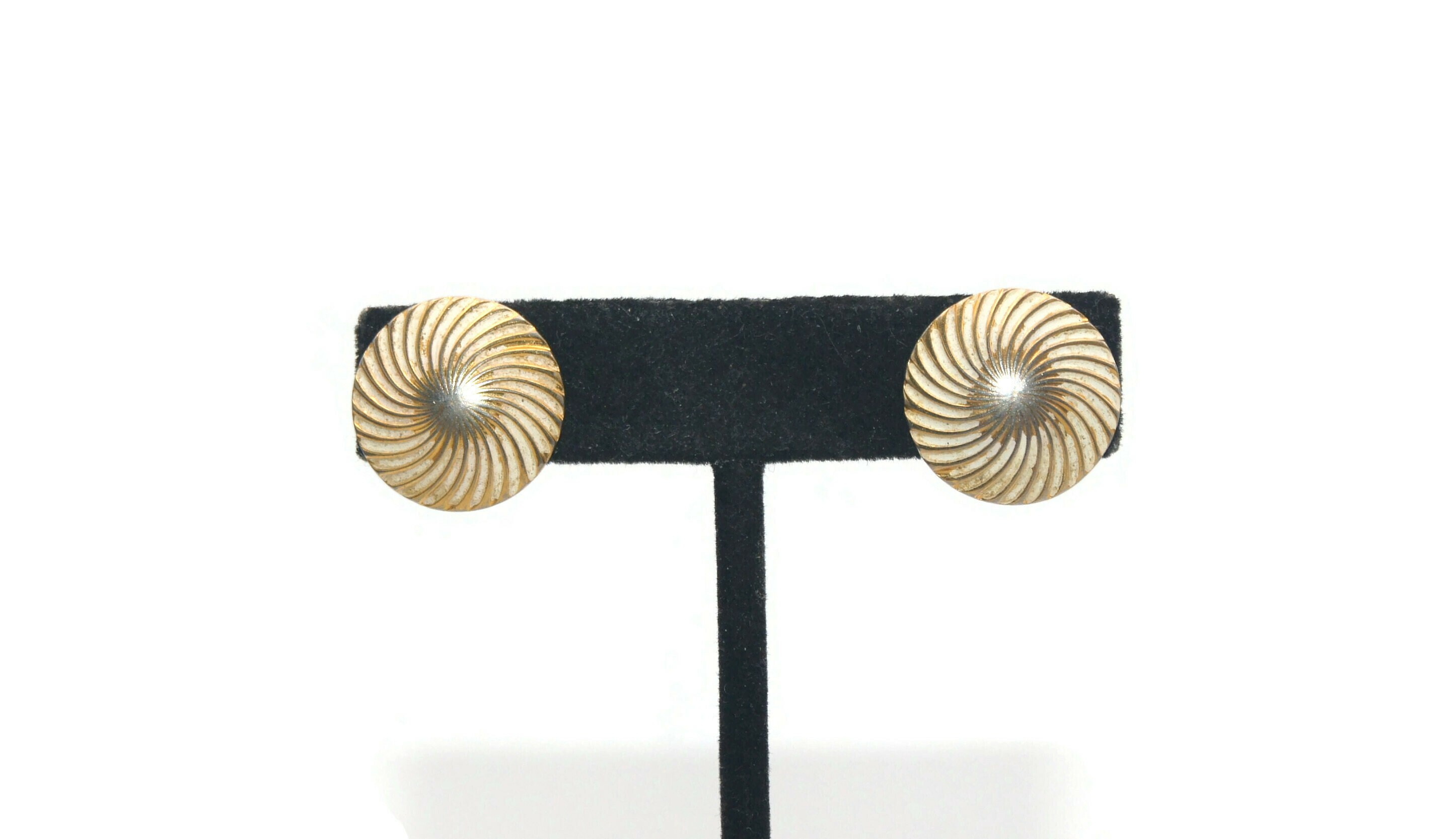 Vintage Gold Tone and White Enamel Round Clip on Earrings. Marked Pat. 1967965.