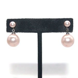 Vintage Silver Tone et Faux Pink Pearls Dangle Screw Back Boucles d’oreilles.