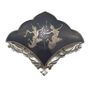 Vintage Siam Sterling Silver Niello Ware Brooch of Ramasoon God of Thunder and Mekkala Goddess of Lighting Hallmarked Sterling Made in Siam.
