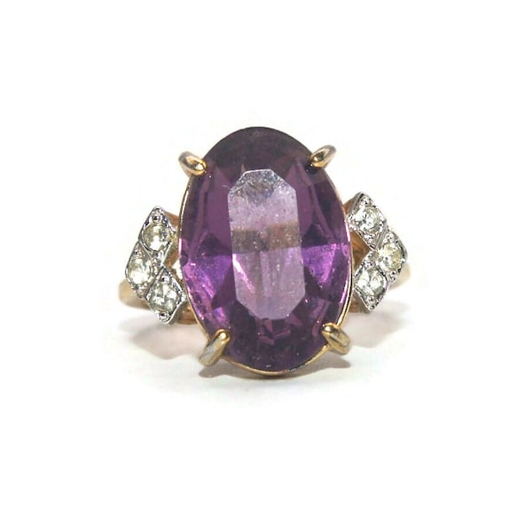 Vintage Gold Plated, Purple Glass and Clear Rhinestones Size 7 Ring. Marked 18KT H.G.E.