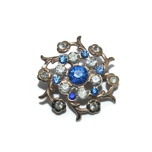 Vintage Gold Tone with Blue and Clear Rhinestones Brooch. 1960&#39;s Unsigned Brooch.