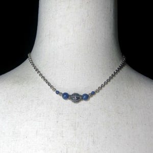 Vintage Monet Silver Tone and Blue Glass Bib Necklace, 15 Inch Choker Necklace with Lobster Claw Clasp. Monet Hallmark.