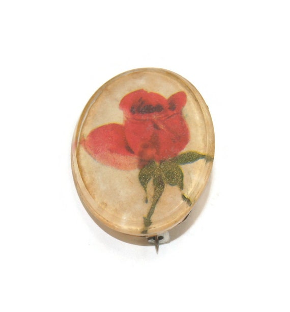 Vintage Red Rose in Clear Resin Oval Brooch. - image 1