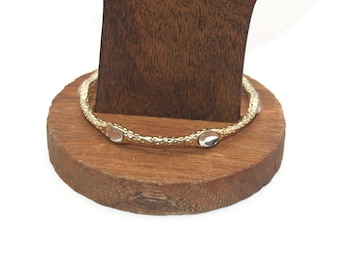 Vintage Textured Gold Tone and Clear Rhinestones 8 Inch Bangle Bracelet.