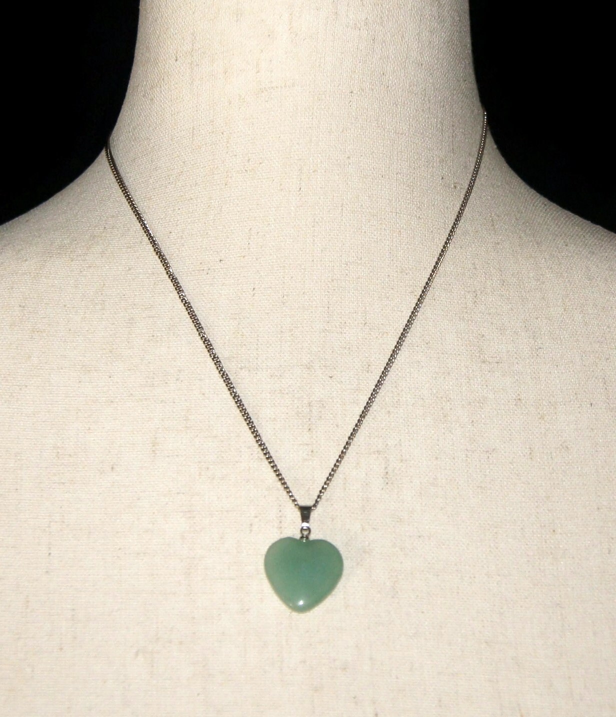 Vintage Green Jade Heart Pendant on 18 Inch Silver Tone