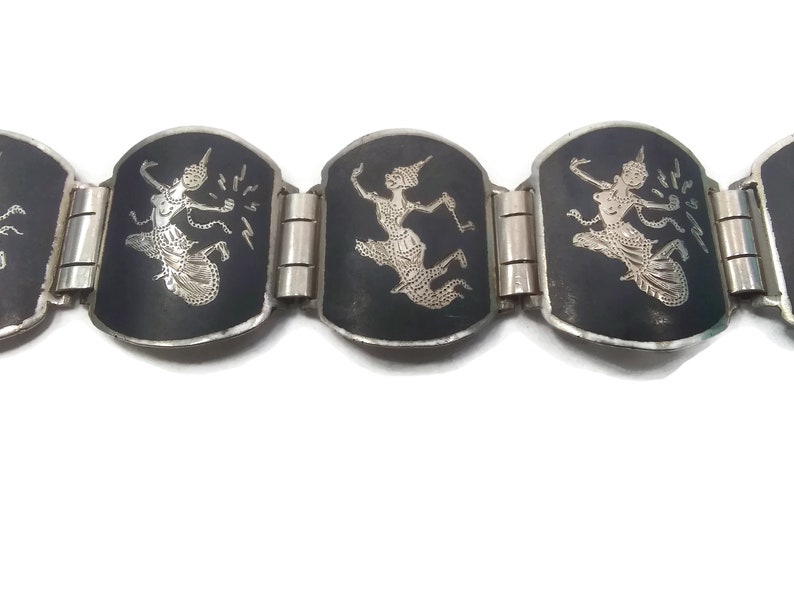 Hallmarked Sterling 925 Made in Siam. Vintage Siam Silver Niello Ware Link Bracelet Depicting Mekkalah Goddess of Lightning on Each Link