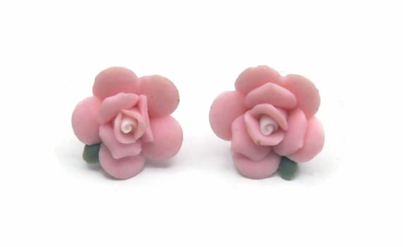 Vintage Silver Tone, Pink and Green Porcelain Rose Flower Stud Back Earrings for Pierced Ears. Ceramic Flower, Victorian Rose Earrings. View 2
