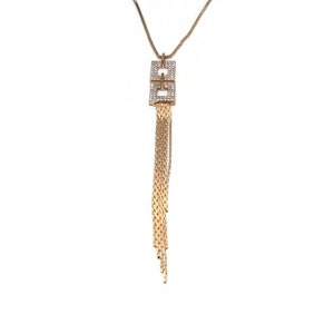 Vintage Gold Tone and Clear Rhinestones Fringed Pendant on 28 to 30 Inch Adjustable Gold Tone Chain with Lobster Claw Clasp.