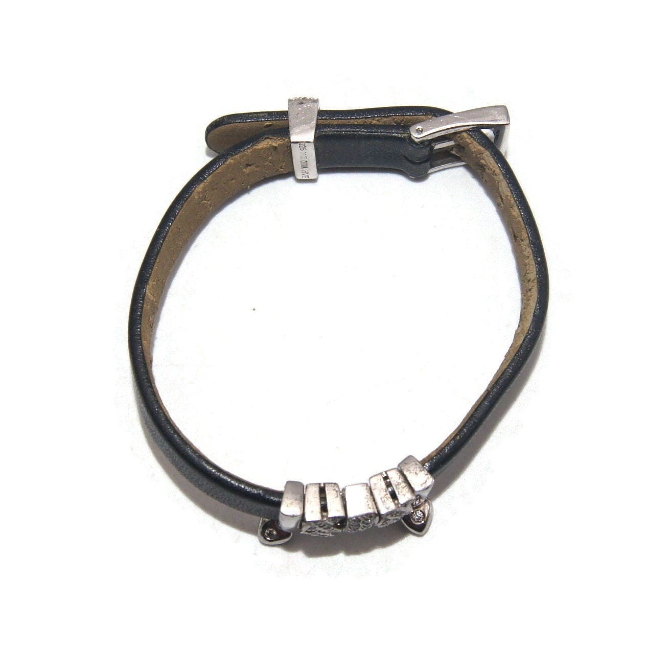 Vintage Sterling Silver and Clear Czs Black Leather Buckle