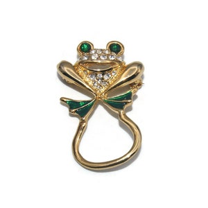 Cute Vintage Gold Tone, Green Enamel, Clear and Green Rhinestones Frog Brooch. Frog Charm Keeper Frog Charm Holder.