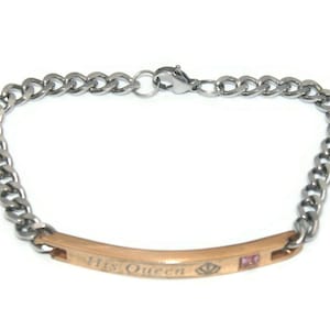Vintage Gold and Silver Tone 7 1/2 Inch ID Bracelet Engraved &quot;His Queen&quot; Crown and Rhinestone with Lobster Claw Clasp.