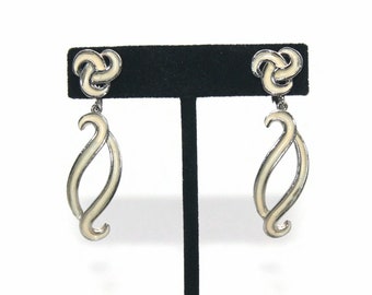 Vintage Silver Tone and White Enamel Clip on Dangle Earrings.