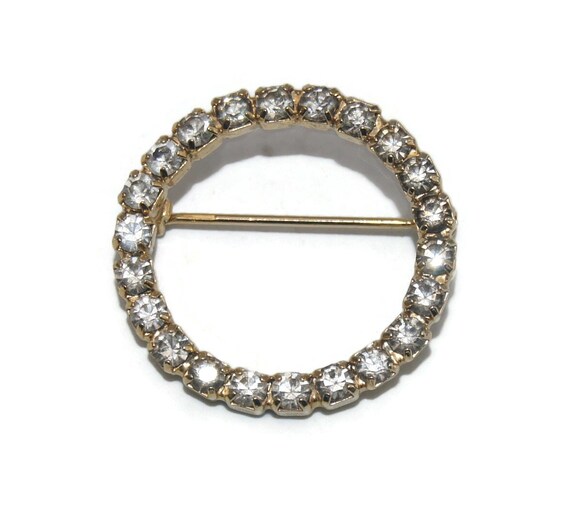 Vintage Gold Tone and Clear Rhinestones Circle Br… - image 1