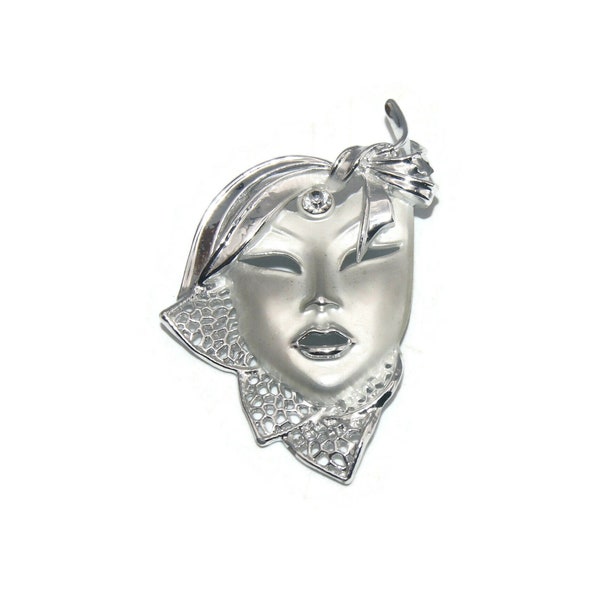 Vintage Matte and Shiny Silver Tone and Clear Rhinestone Face Brooch.