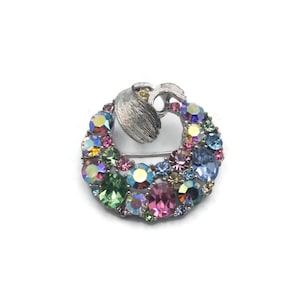Vintage LISNER Silver Tone Wreath Brooch with Pastel Colored Rhinestones, LISNER Hallmark, Tutti Frutti Fruit Salad Brooch, Gift for Her.