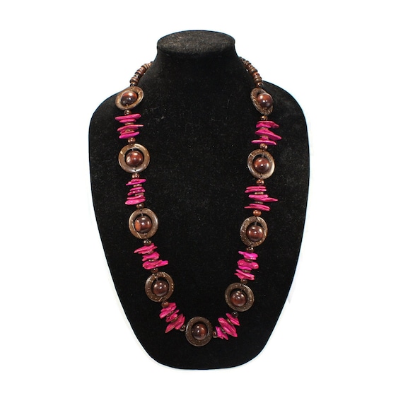 Vintage Brown and Pink Beaded Wooden 40 Inch Necklace.