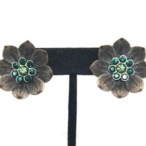 Vintage Silver Tone with Green Enamel and Green Rhinestones Clip on Flower Earrings.