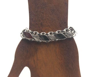 Heavy Chain Link Bracelet, Vintage Silver Tone Link Bracelet, Hinged Clip, Wide Bracelet, Diamond Shape Links, Flower Links Gift for Her.