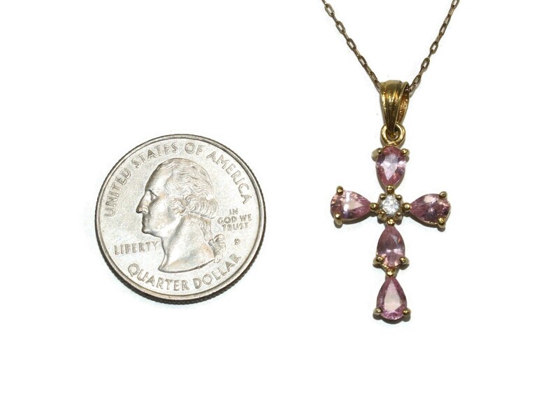 Marked 925. Vintage Gold Plated Sterling Silver and Pink and Clear Topaz Cross Pendant on Fine 18 Inch Rolo Chain