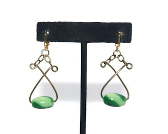 Vintage Gold Tone and Green Vintage Plastic Clip on Dangle Earrings.