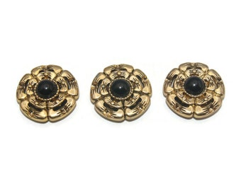 Vintage Gold Tone and Black Plastic Set of 3 Floral Button Covers.