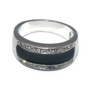 Vintage Silver Tone, Clear Rhinestones and Black Enamel Size 10 Statement Ring.