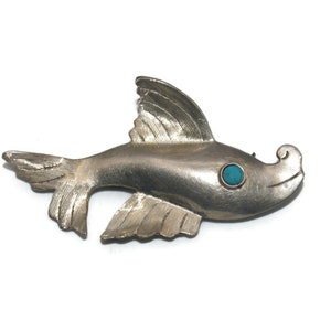 Vintage Mexico Sterling Silver and Turquoise Fish Brooch. PMH Taxco Mexico 925 Hallmark.