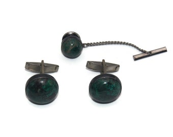 Vintage Sterling Silver and Eliat Cabochons Cuff Links and Tie Tack with Chain. Marked Sterling 925.