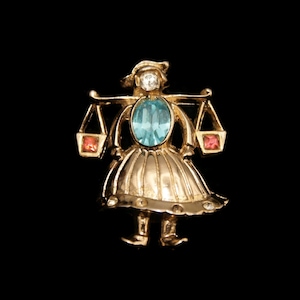 Vintage Gold Tone with Blue, Pink and Clear Rhinestones Water Carrier Brooch.